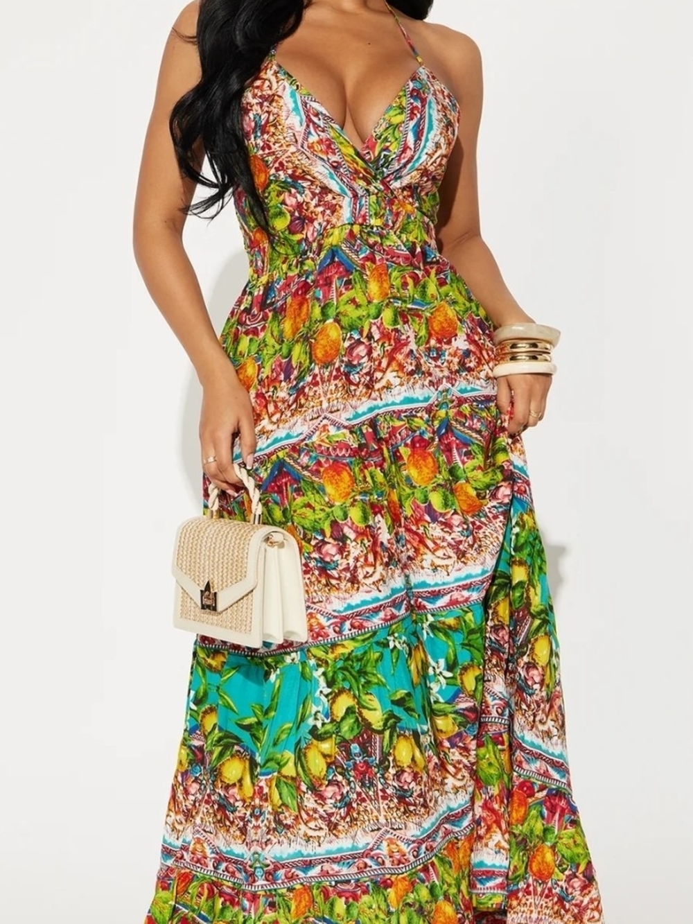 Fashion Nova Vibrant Tropical Halter Maxi Dress - Green Multi
